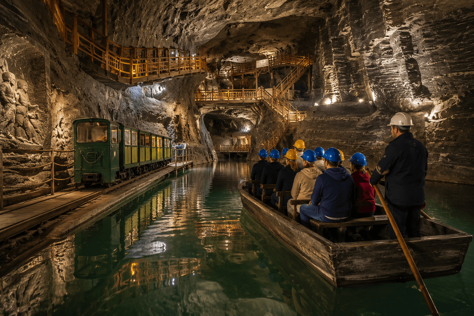 Bochnia Salt Mine tour from Krakow with underground rafting, historic mine chambers and an underground train ride.